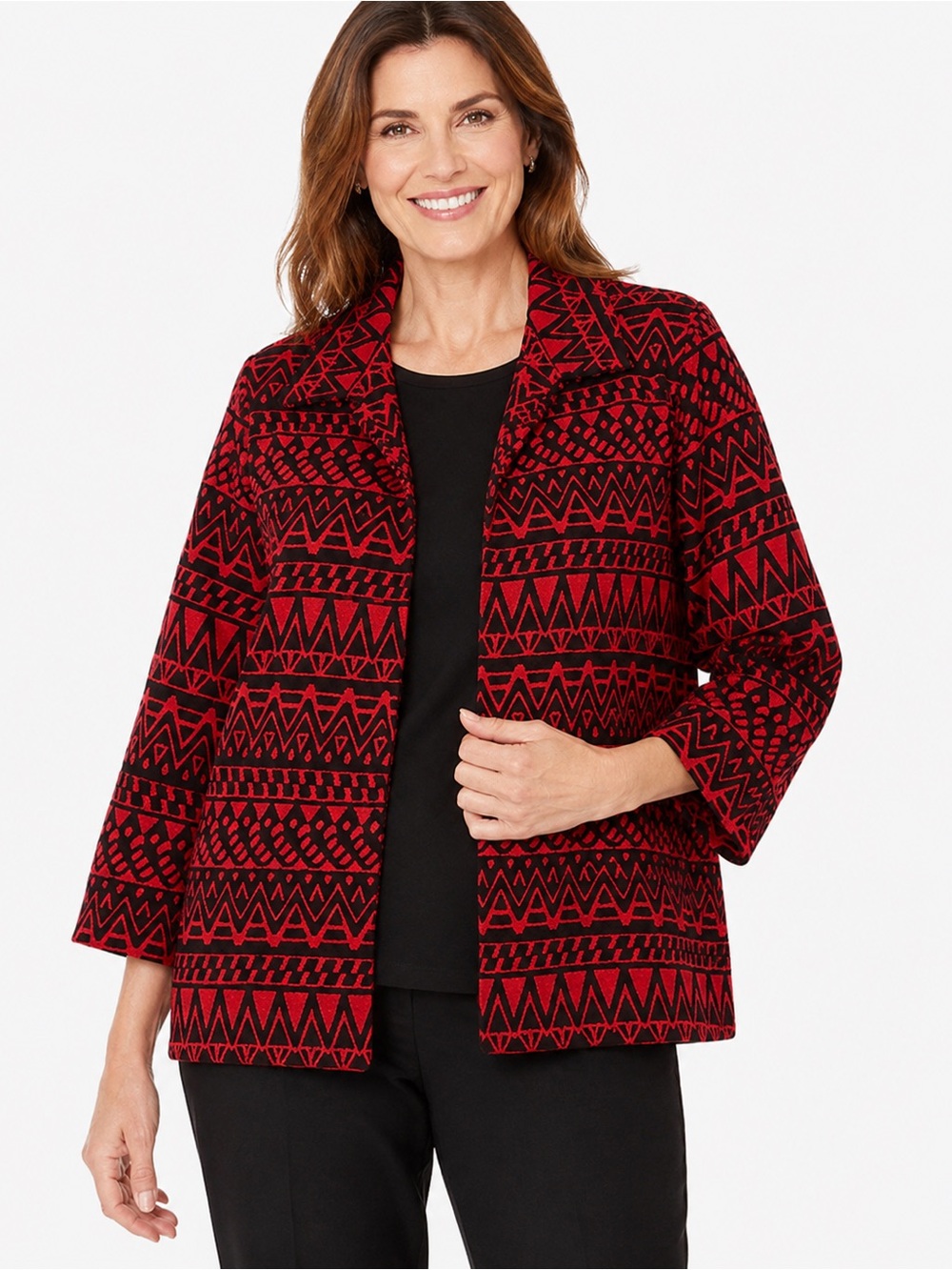 Alfred Dunner Woman Red Black Geometric Tribal Jacquard Open Front Jacket 16W